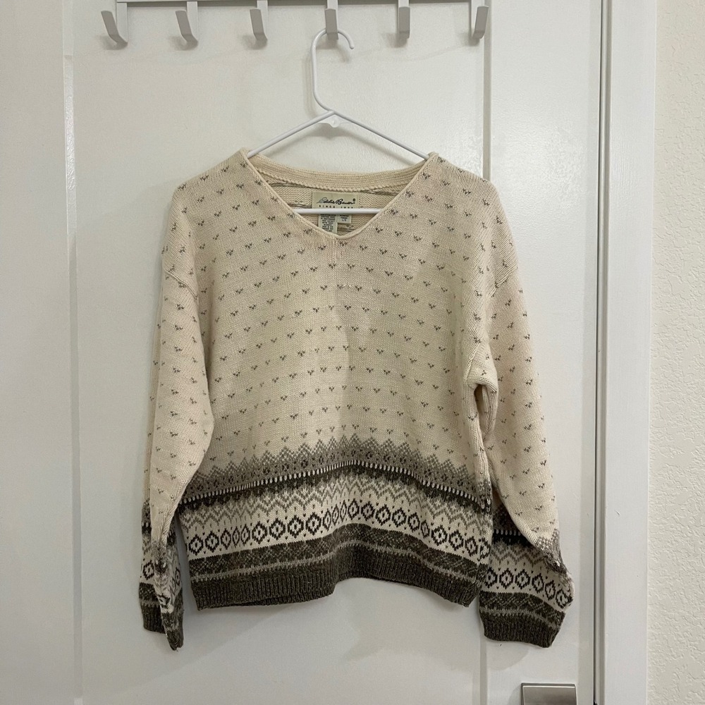 Vintage Eddie Bauer 90s V Neck Knit Sweater Geometric Cream Holiday